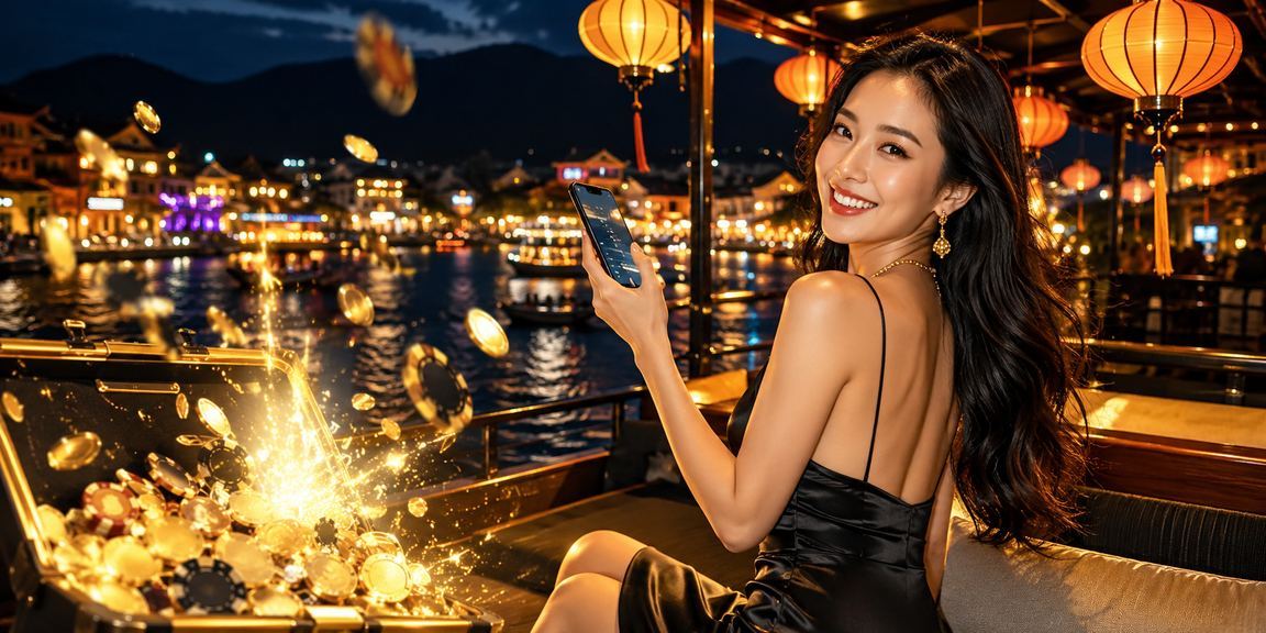 Người chơi đăng nhập xsct trên điện thoại tại khu phố đêm Hội An
