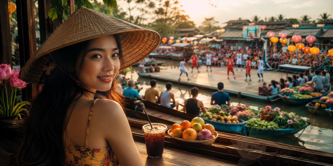 Người hâm mộ theo dõi cá cược bóng rổ bên sông Mekong với nón lá truyền thống