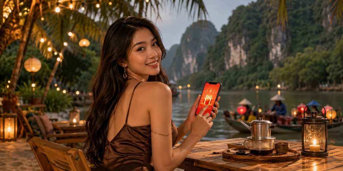 Người dùng nhận thưởng phong bì đỏ qua ứng dụng di động tại quán cà phê vùng nông thôn Ninh Bình